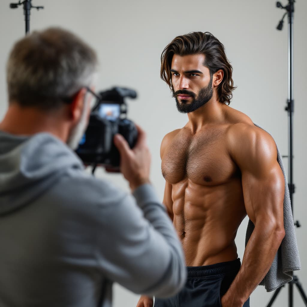 AI generated: high-resolution photo, muscular, handsome young arabic male fashion model, with medium long hair, we...