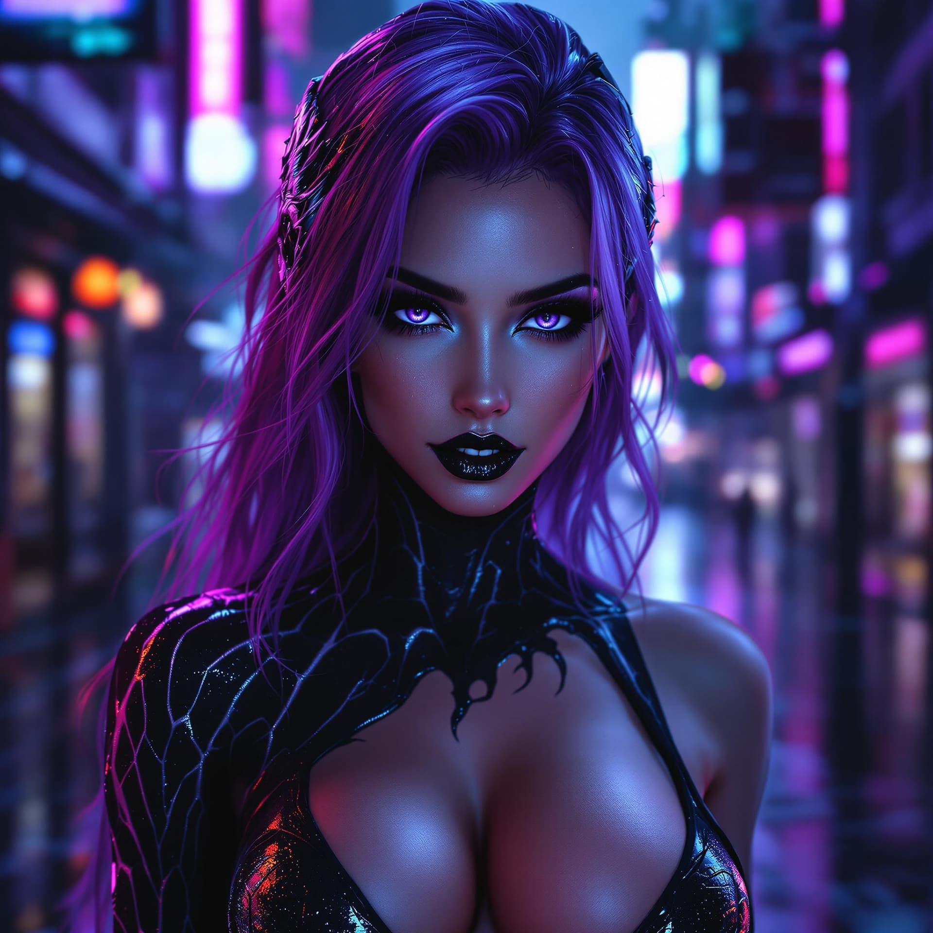 AI generated: Seductive anime-style female with long violet-tinted hair and deep purple eyes. One side is a stunni...
