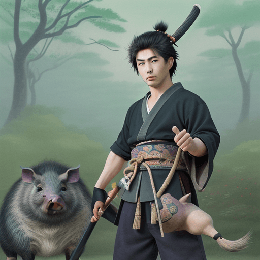 AI generated: art work by Stan Sakai, anthropomorphic WILD PIG samurai, young male, art by studio ghibli, intricat...