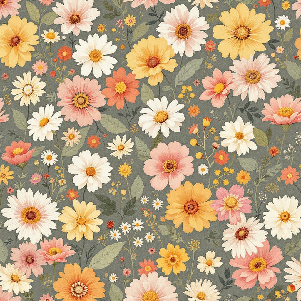 AI generated: all over print, mini flores de colores ocres, sin hojas, fondo crudo, minimalista, bebe