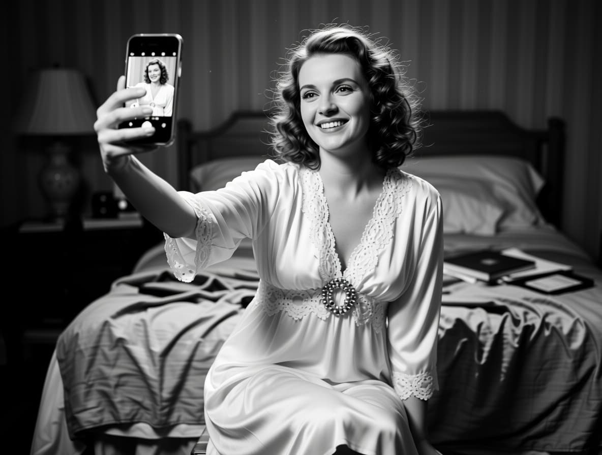 AI generated: this subject in a candid, sloppy 2010s-era selfie taken with a high-quality iPhone camera wearing he...