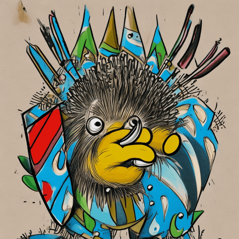 AI generated: A cartoonish and whimsical design,Stupid porcupine with axe and shield,vivid colors, and inked lines