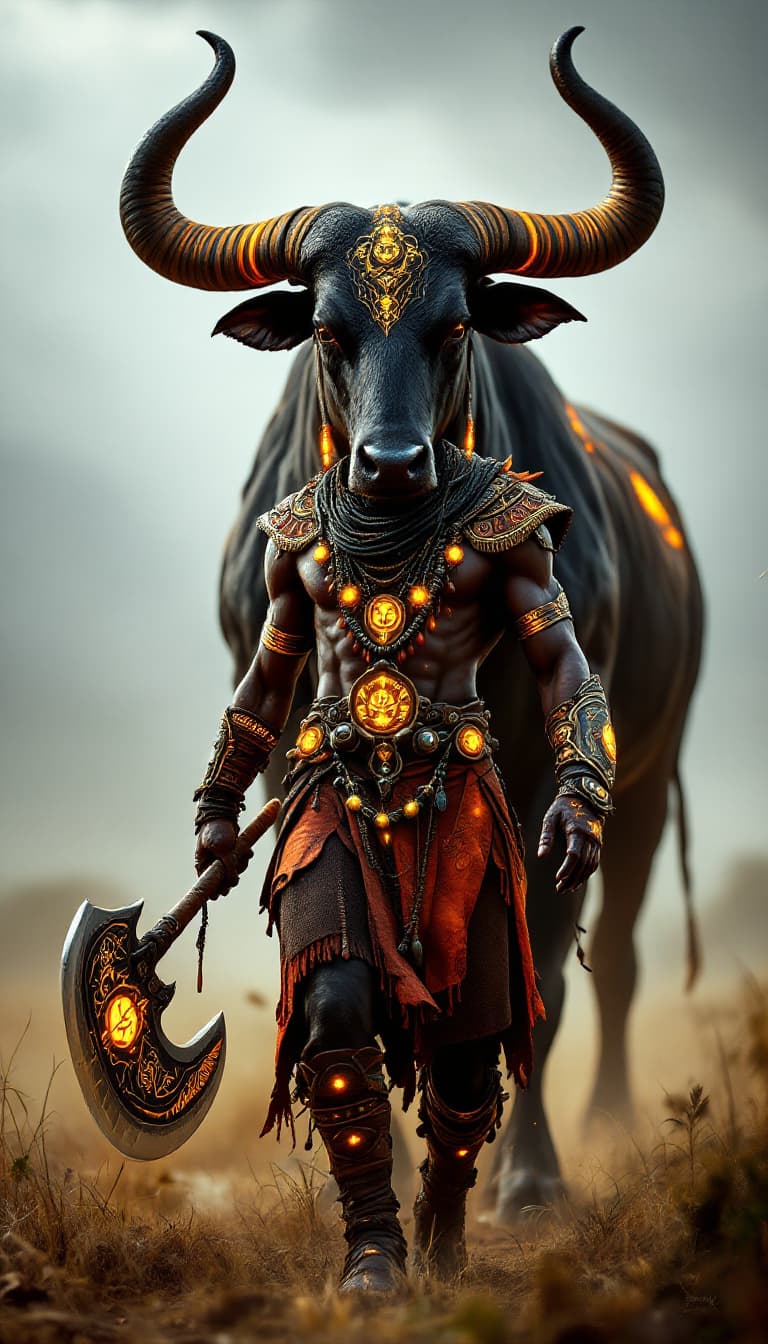 AI generated: An ultra-realistic, wide angle, front facing, full-body portrait of a skilled African Beastmaster, d...