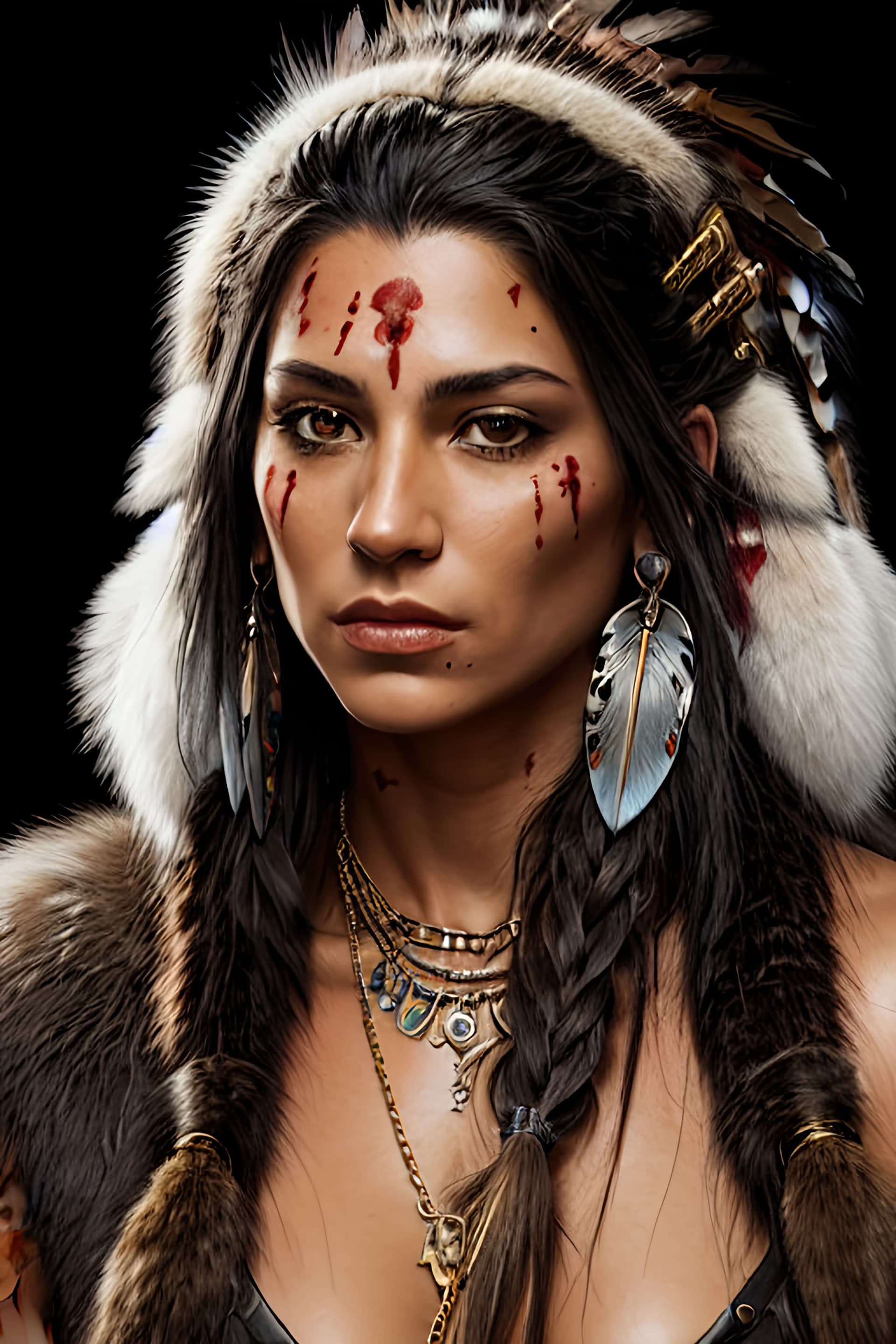 AI generated: A close up portrait of a young native tribal huntress, long dark hair, brown eyes, feather earrings,...