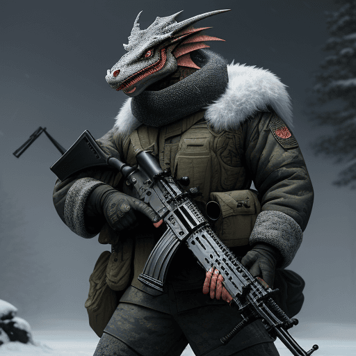 AI generated: Courageous Dragon in full winter military uniform, holding a carbine rifle, anthropomorphic, super d...