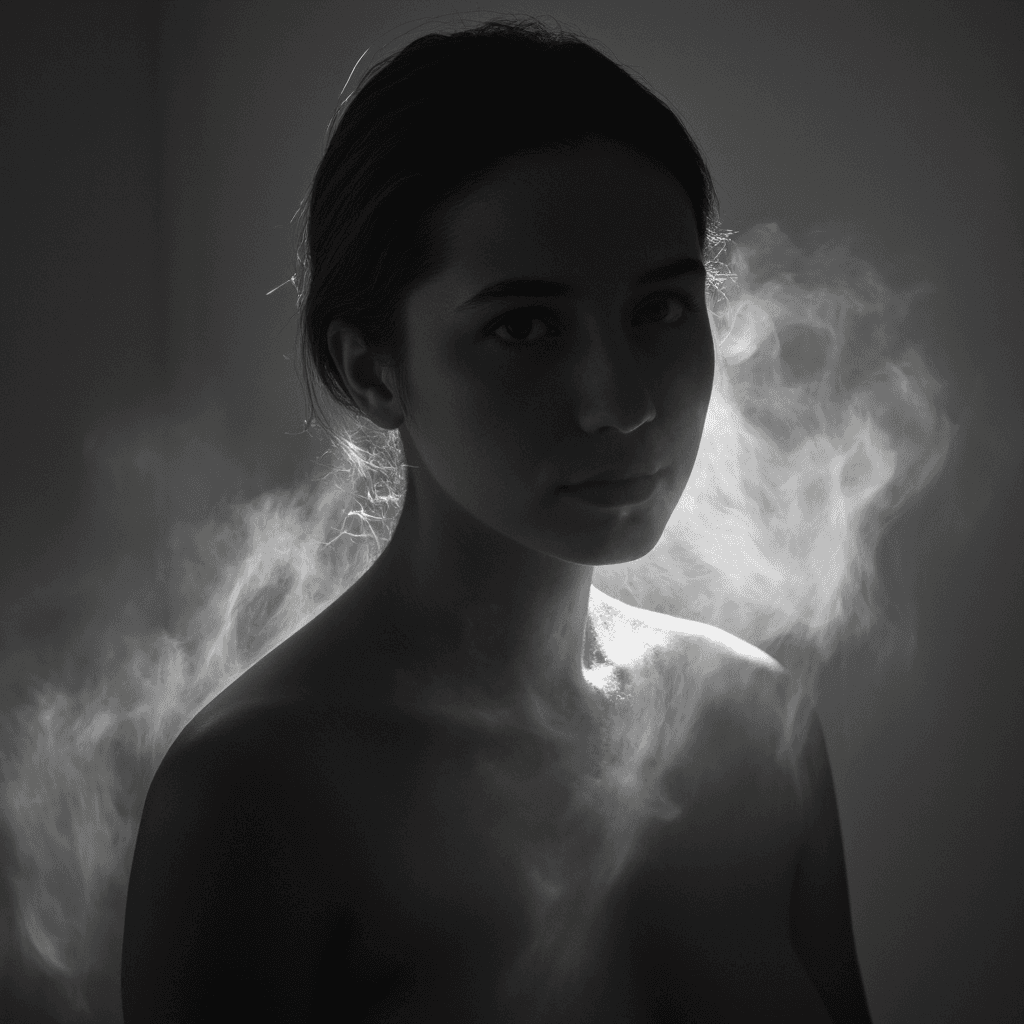 AI generated: A monochrome fine art portrait of a woman enveloped in a subtle haze, evoking a dreamlike atmosphere...