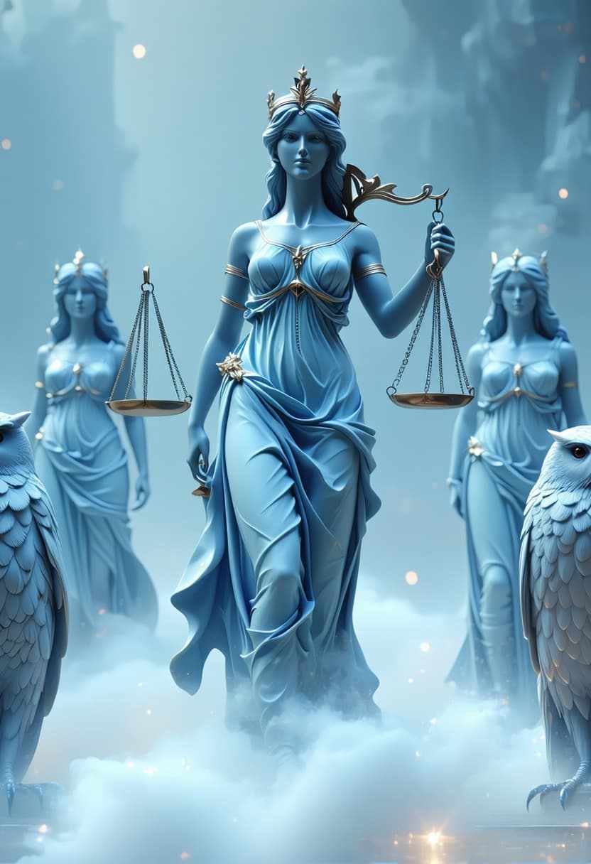 AI generated: Create a visual, show the Justice for All emblem. Lady Justice for six different species of Phyla. S...
