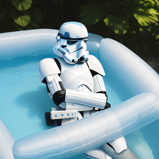 AI generated: A detailed photo of a Stormtrooper character (relaxing on an inflatable mattress in a clear, blue po...