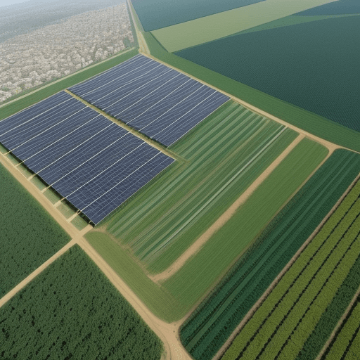 AI generated: planta solar fotovoltaica , vista aerea, con subestacion y linea de alta tension , varios rios en me...