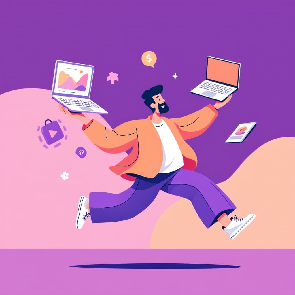 AI generated: A modern, flat-style digital illustration of a dynamic character in motion, balancing technology lik...