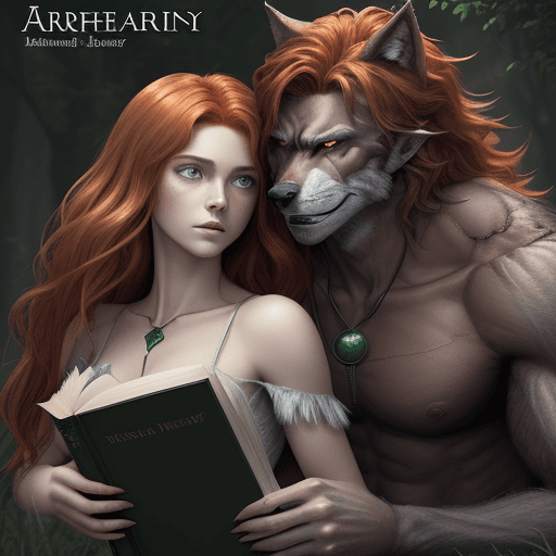 AI generated: a book cover for a werewolf fantasy story with a girl with auburn hair and green eyes fair skin and ...