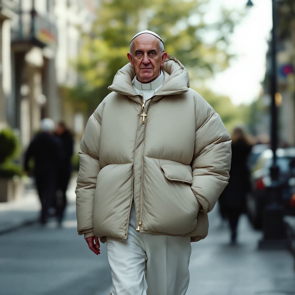 AI generated: Medium-full shot of a character inspired by Pope Francis, wearing a sleek, oversized Balenciaga puff...