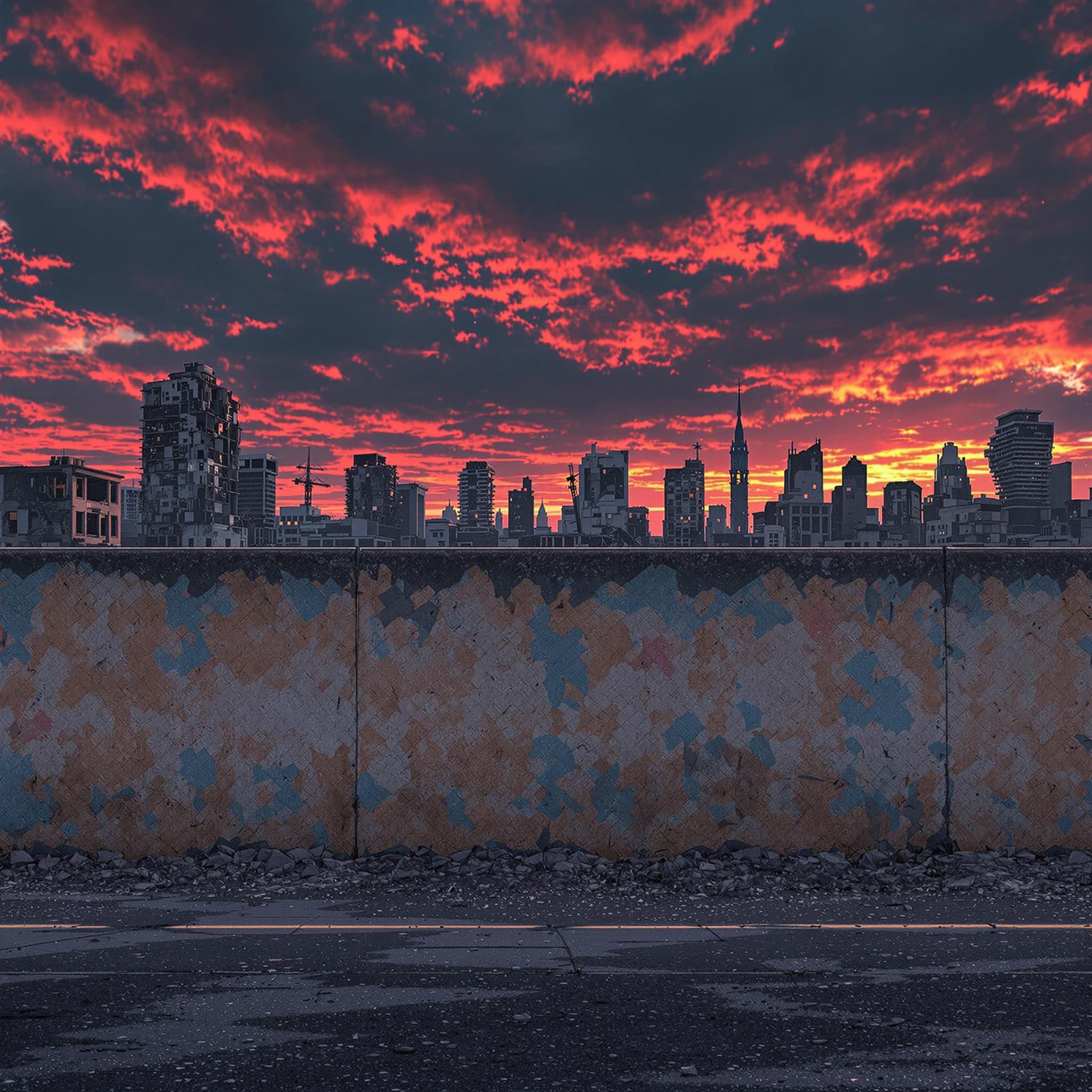 AI generated: urban area wall with discoloration running across the image about 8 ft high and behind it it you can...