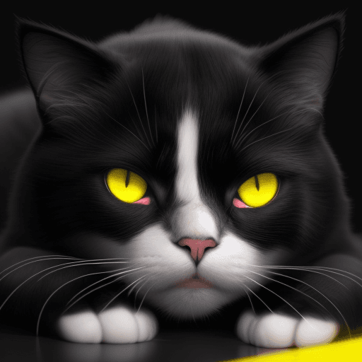 AI generated: a black and white cat with yellow eyes and a black mark under the nose like a hittler mustache layin...