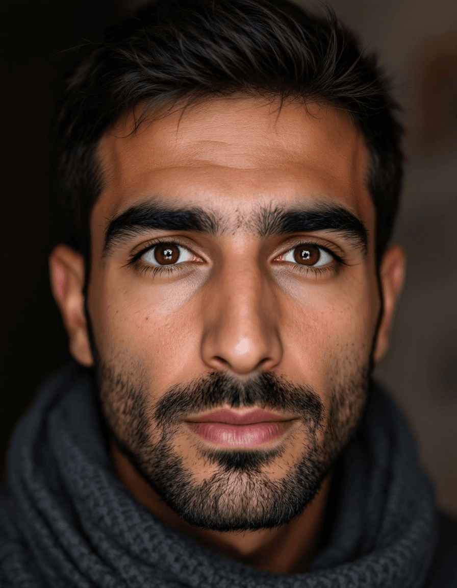 AI generated: Portrait of Middle Eastern male subject, age 30-35. FOREHEAD: Medium height forehead measuring appro...