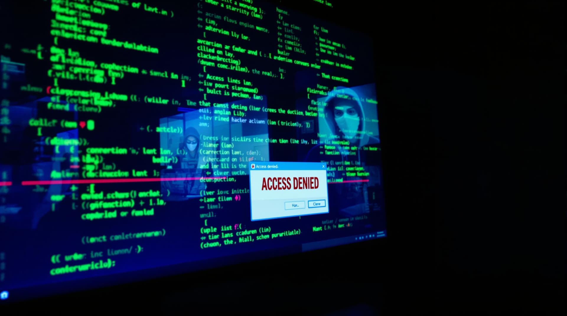 AI generated: Hacker's computer terminal with neon green code scrolling, pop-up windows labeled 'ACCESS DENIED', r...