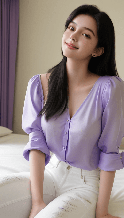 AI generated: A pretty 19 year old sitting on a hotel bed. She is wearing white jeans and a cute, purple blouse. S...
