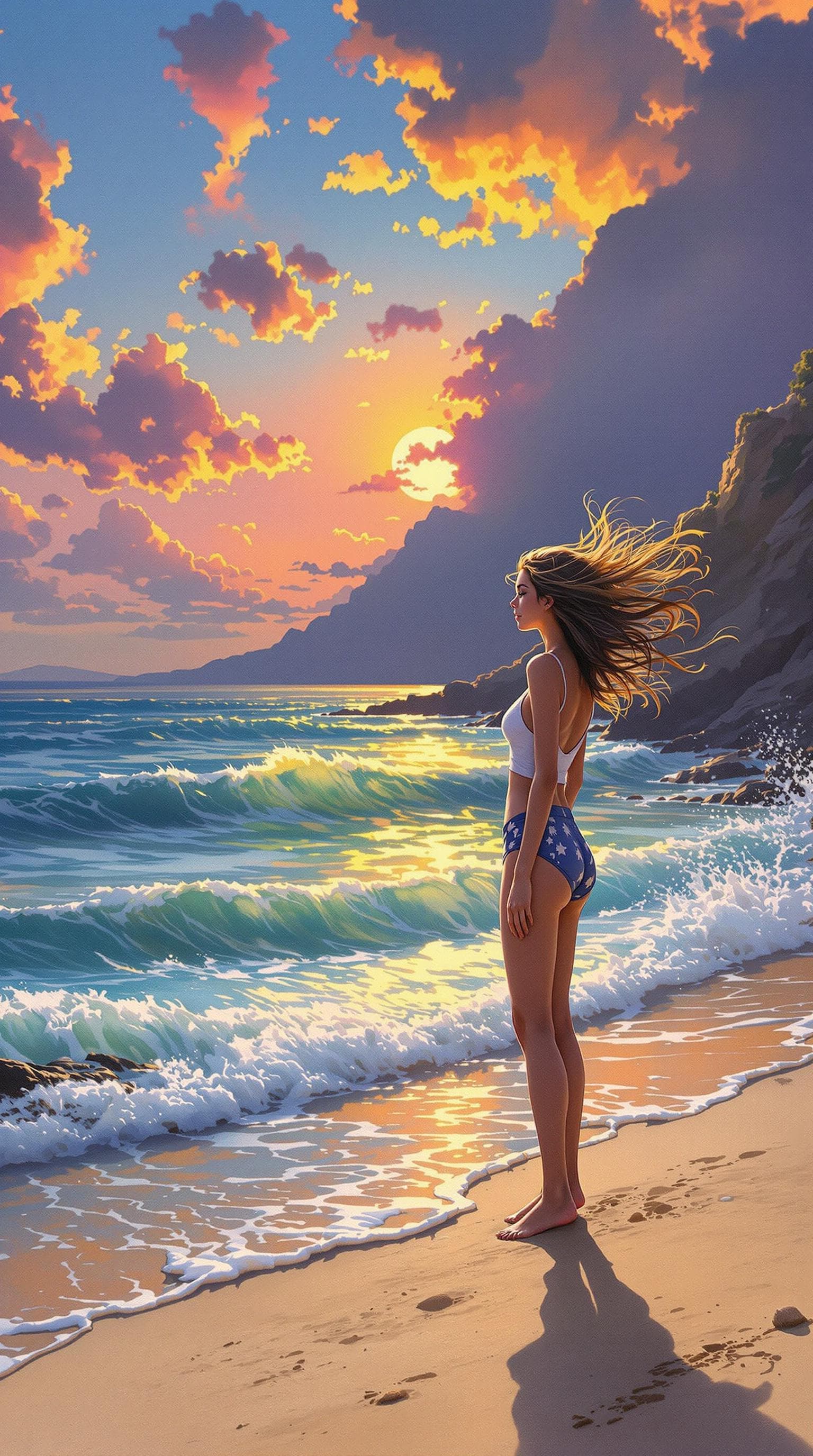 AI generated: a painting of a girl standing on the beach with her hair blowing in the wind and a sunset behind her...