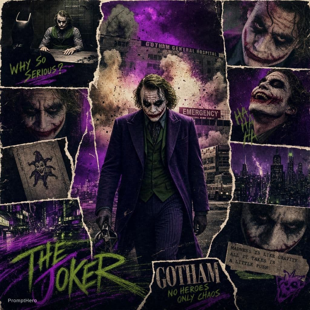 AI generated: A retro vintage collage design of Heath Ledger as the Joker. The central image shows him walking in ...