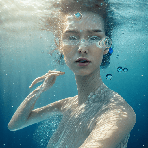 AI generated:  A captivating underwater photograph of a woman swimming gracefully, ultra detailed, surrounded by d...