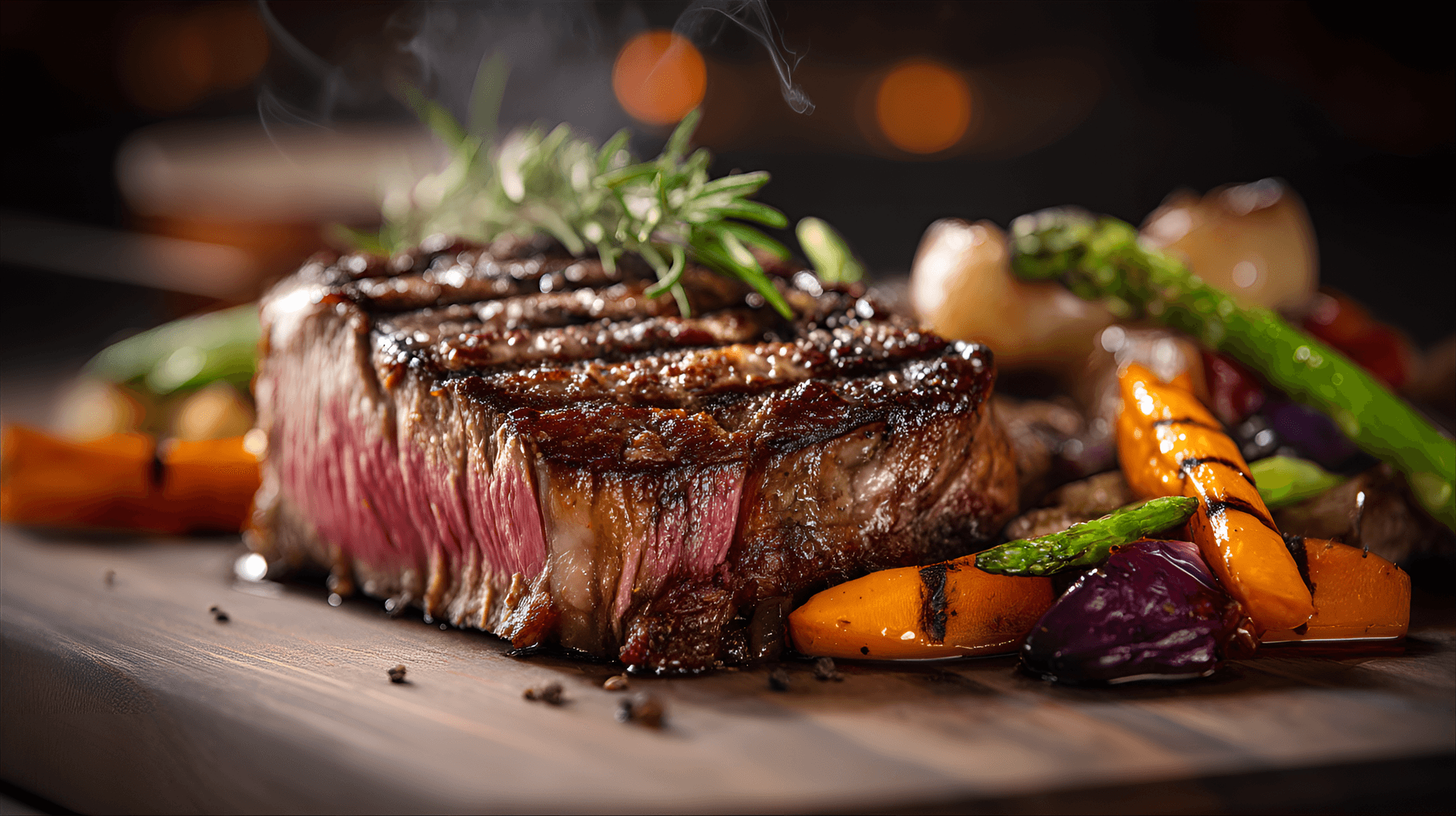 AI generated: perfectly grilled steak with grill marks, served with a side of roasted vegetables, against a rustic...