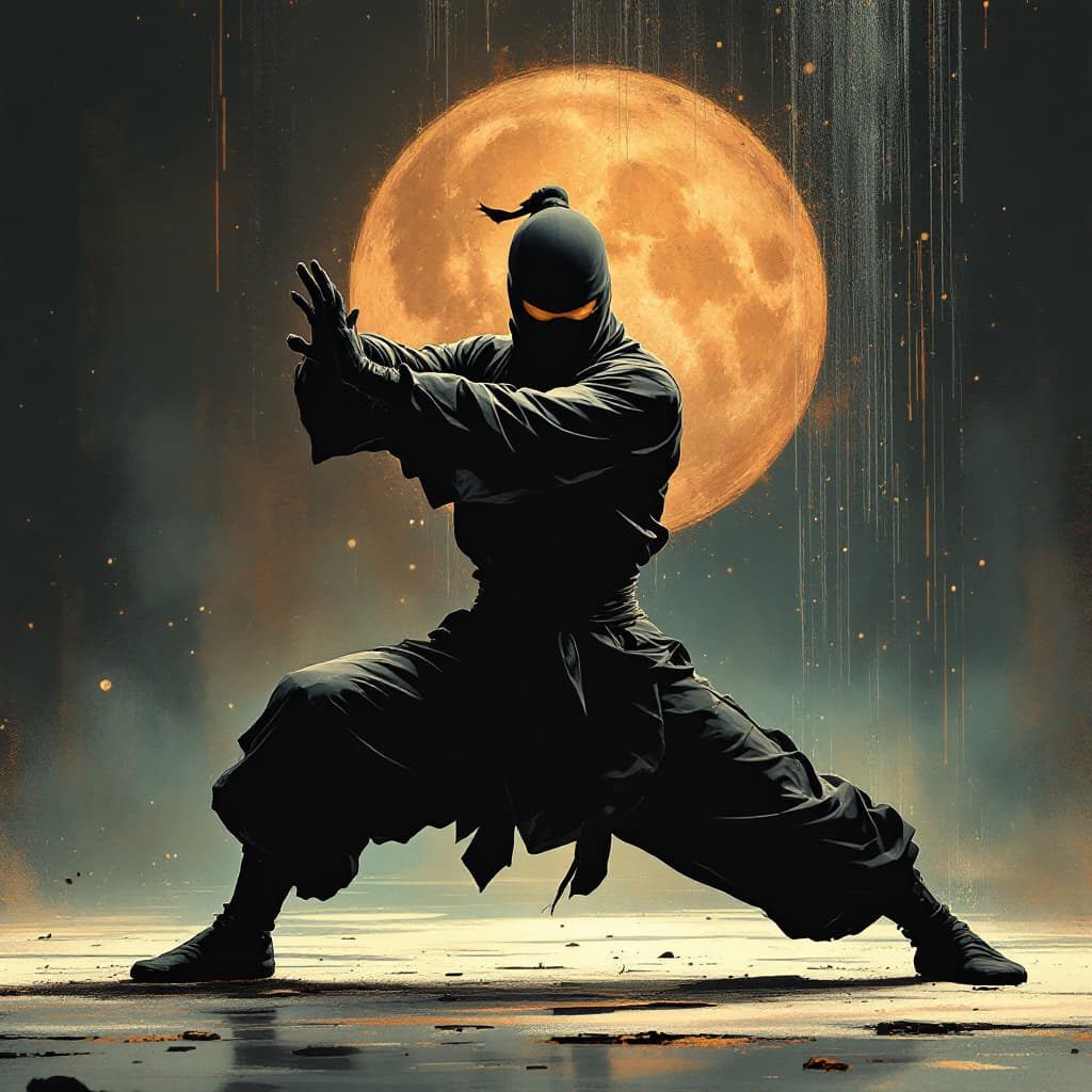AI generated: a male ninja listening to classical music and doing thai chi


