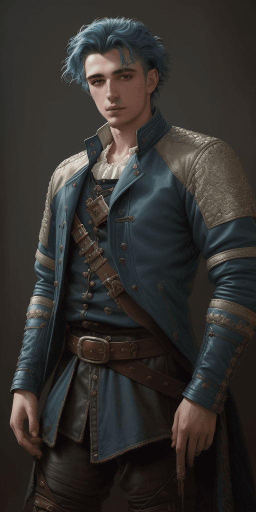 AI generated: wavy blue haired young handsome guy, wearing medieval clothes and a leather jacket, XIX century, hea...