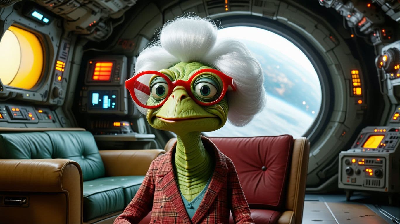 AI generated: A space slug with the appearance of a British grandmother, designed like a Jim Henson puppet. She ha...