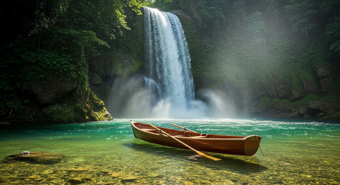 AI generated: Boat in water, under a waterfull