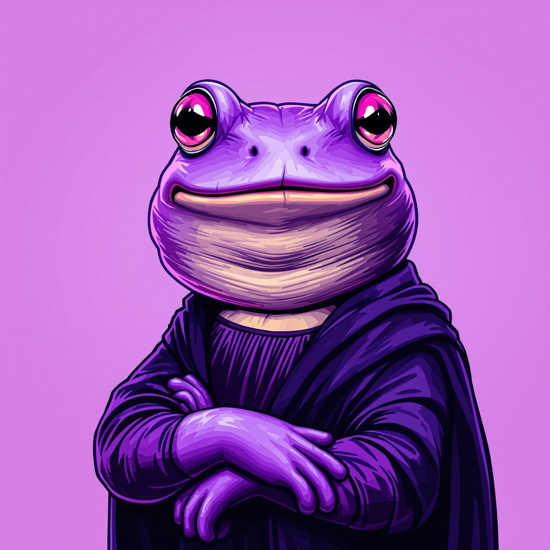 AI generated: A humorous and meme-style NFT profile picture featuring a smug, anthropomorphic purple frog characte...
