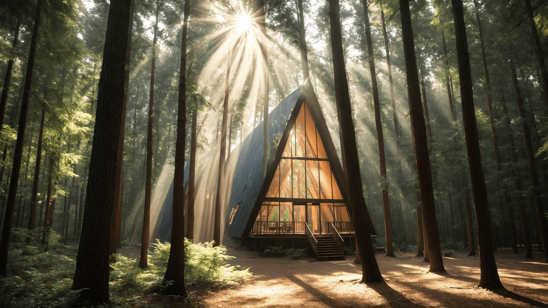 AI generated: A-Frame House Style,in a forest of trees,god rays,soft lighting