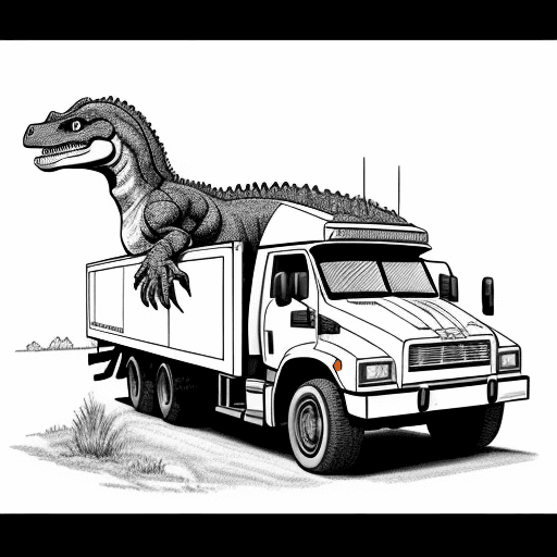 AI generated: Pagina para colorear de un dinosaurio conduciendo una camioneta, lineas negras, fondo blanco, dibujo...