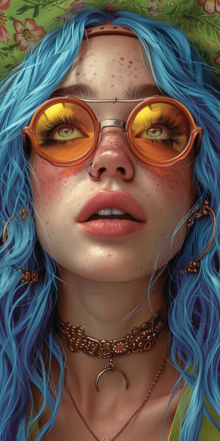 AI generated: a girl with blue hair and sunglasses in colorful colors, in the style of hyper-detailed illustration...