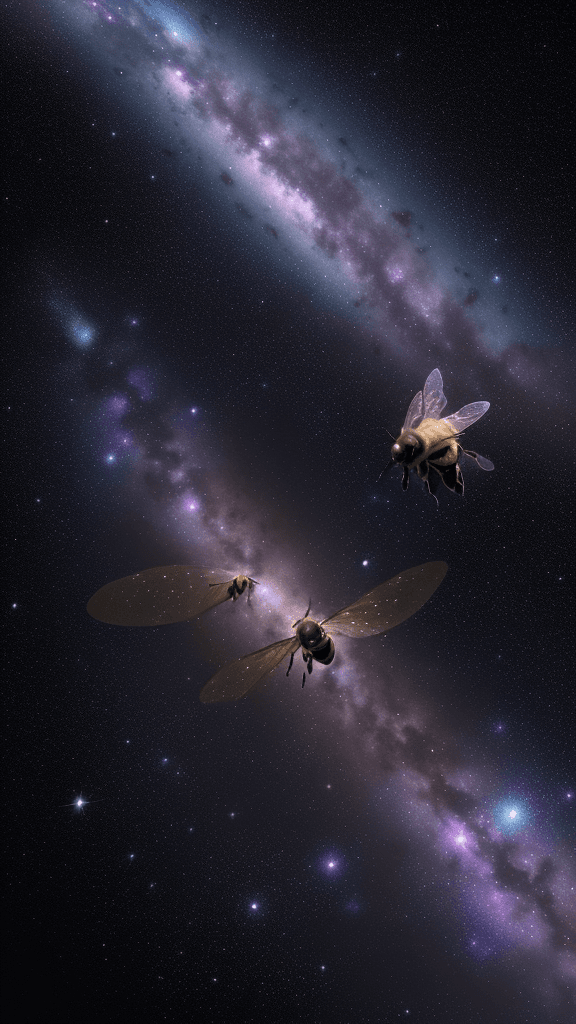 AI generated: {A honeybee floats in the darkness of space, its wings buzzing softly. The bee is surrounded by star...
