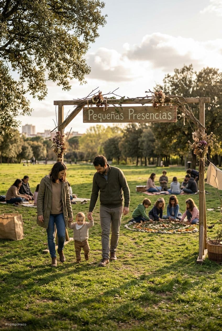 AI generated: A cinematic, realistic spring scene in Madrid’s Retiro Park. A mother, father, and baby of 1 year wh...