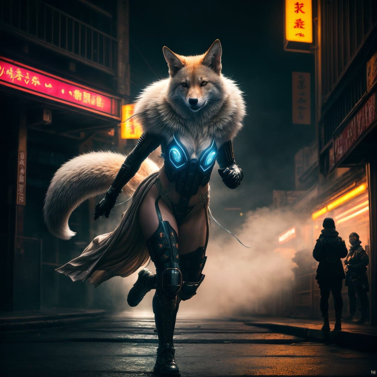 AI generated: epic realistic, a visual stunning photo of a kitsune | glowing | cyberpunk city | neon light | vibra...