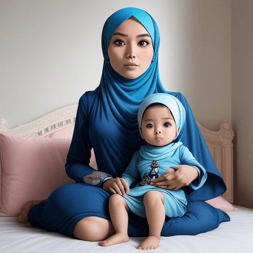 AI generated: a beautiful 30 year old Malaysian woman, a Muslim wearing a blue hijab, Doraemon motif clothes, sitt...