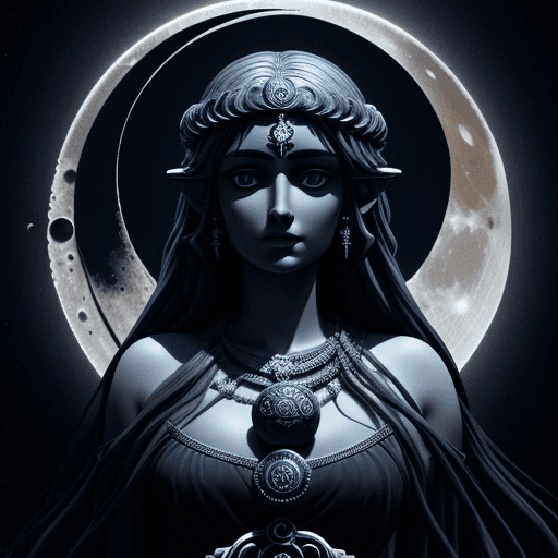 AI generated: beautiful Godess Hecate with her symbols, moon in background, 3 d style realistic