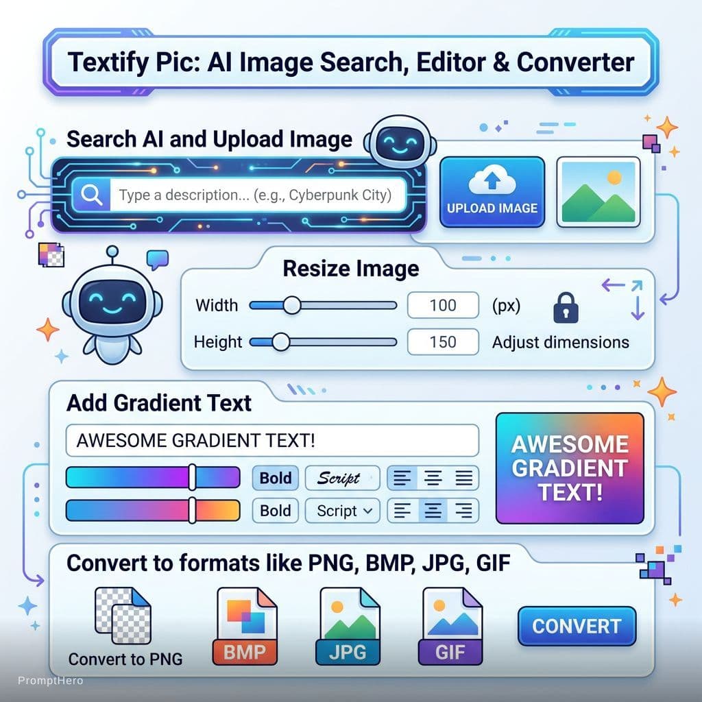 AI generated: Textify Pic: Search AI and Upload Image, Resize Image, add gradient text, Convert to formats like PN...