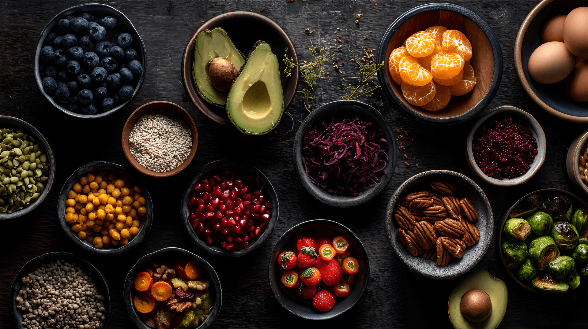 AI generated: High angle, overhead view of various healthy foods arranged on dark wooden surface.  Fresh blueberri...