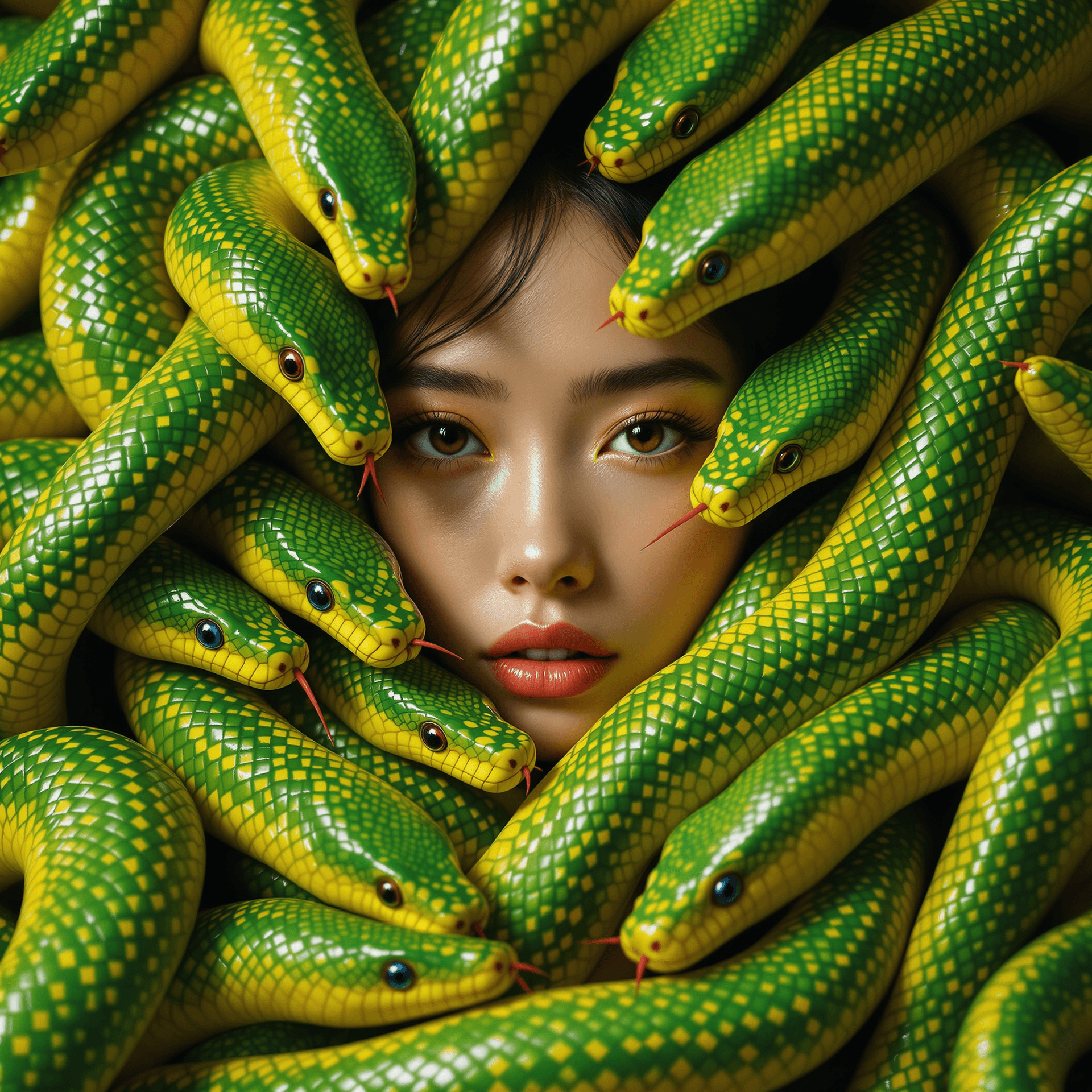 AI generated: a girl's face in the middle of many green and yellow snake face, in the style of chinapunk, iconic a...