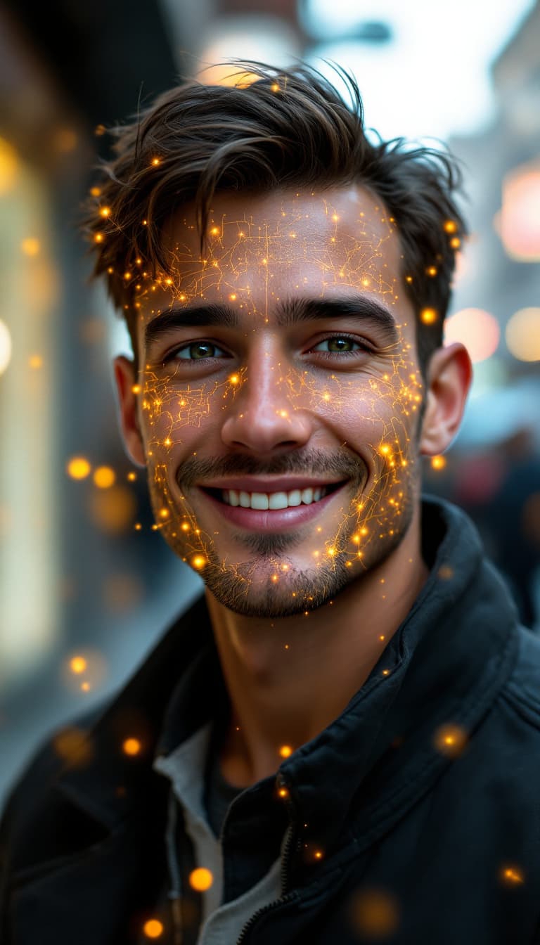 AI generated: 
We see a man's face and shoulders, facing us, he is 24 years old. A hyperrealistic white man. He is...
