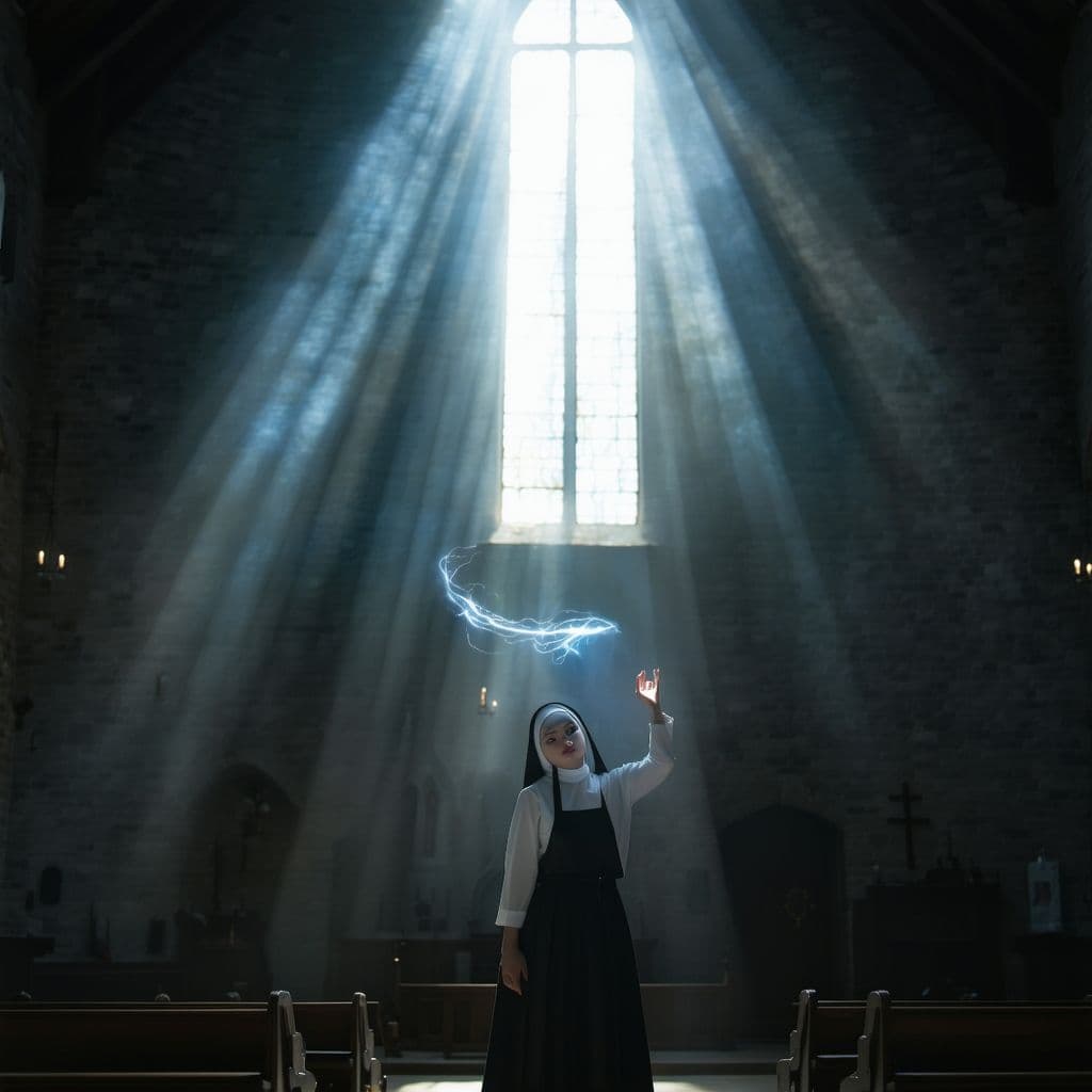AI generated: Full body view of Hyper realistic full body view of beautiful 20yo nun, long legs, very big breast, ...