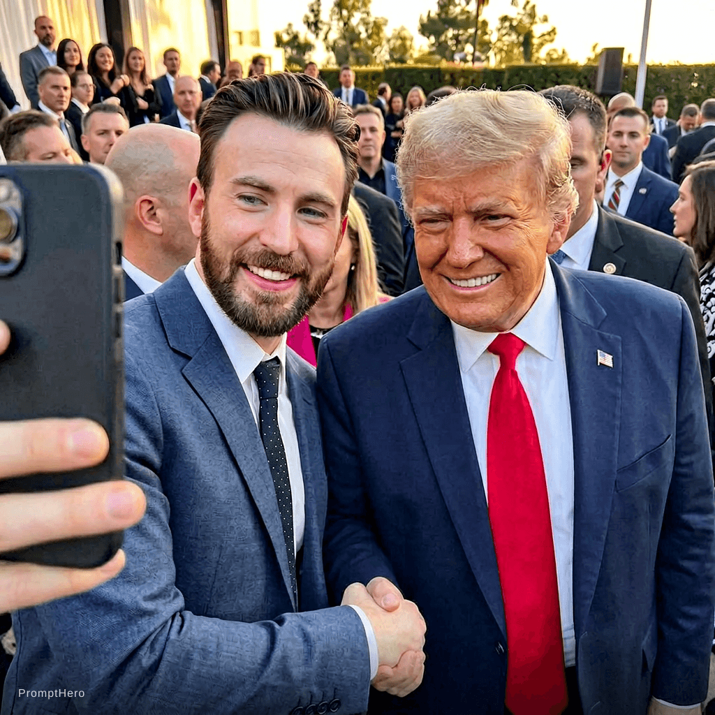 AI generated: CHRIS EVANS with Donald trump shaking hands together and smiling 