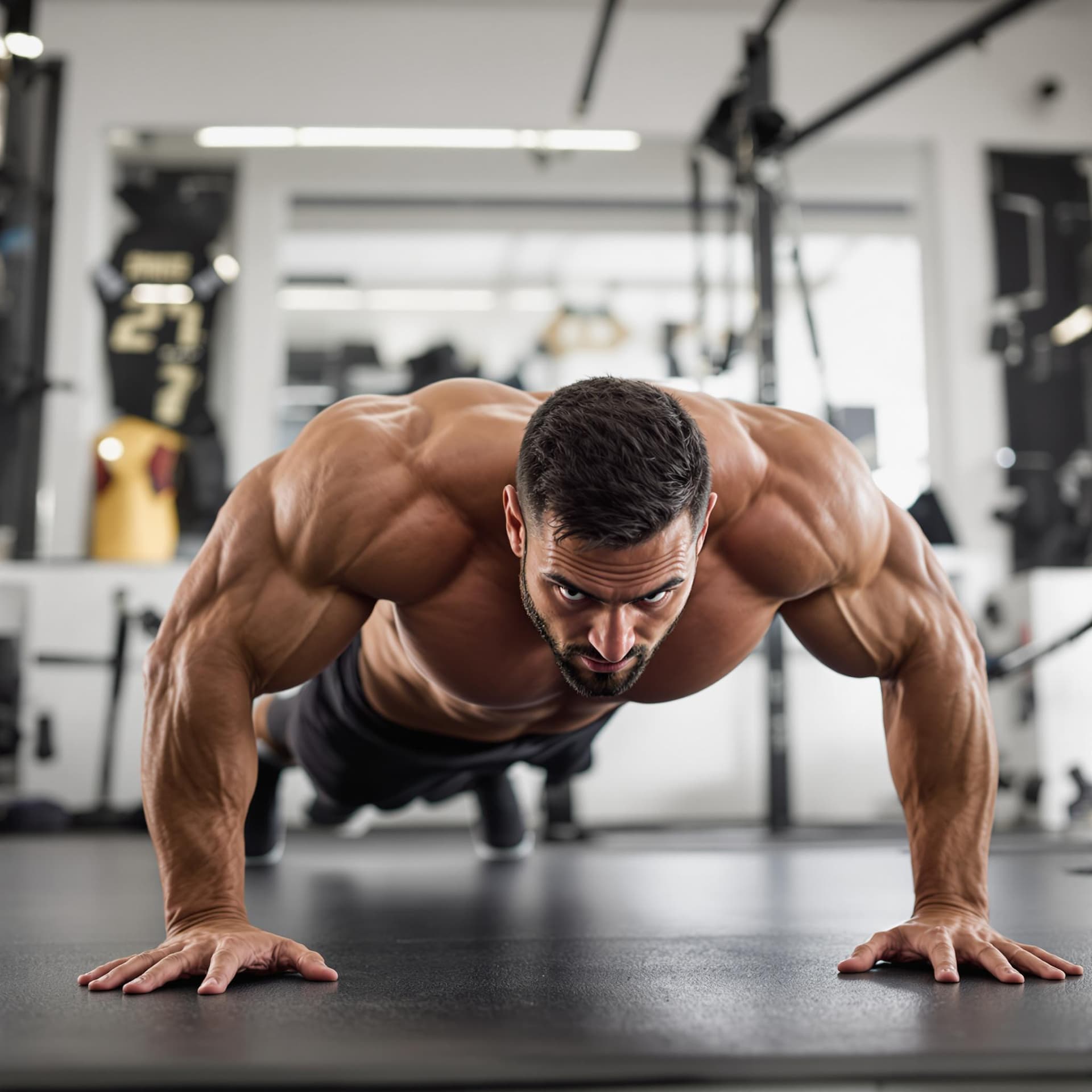 AI generated: bodybuilder doing push up exercise while looking at camera