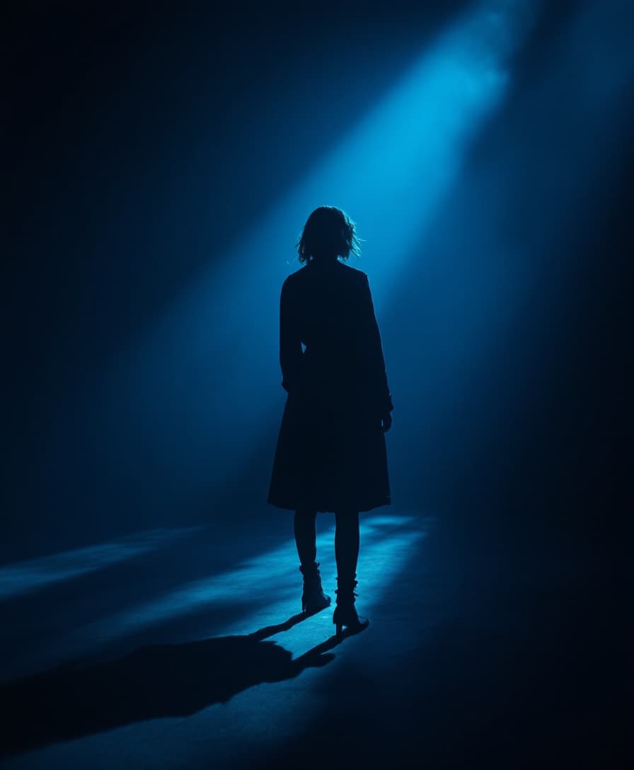 AI generated: artistic photography, dark moody, atmospheric scene where a woman model full body rear view standing...