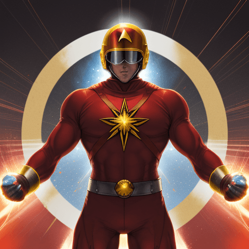 AI generated: An illustration of Captain Explosion with a hard and intense look. Shiny Helmet: His helmet bears a ...