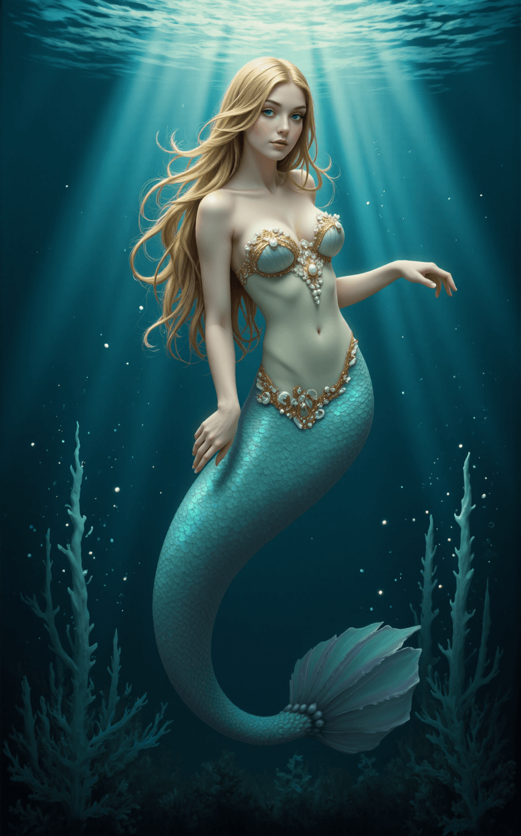 AI generated: A mesmerizing mermaid emerges from the depths, her long flowing hair cascading in silky waves that s...
