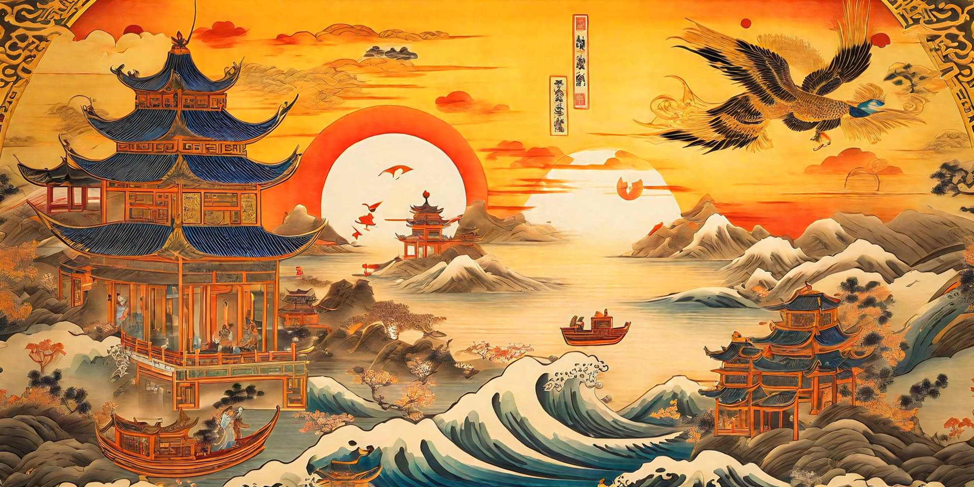 AI generated: a close up view of a traditional chinese ink artwork that depicts a sunset with oriental designs, (3...