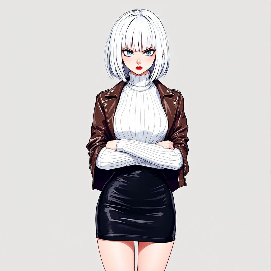 AI generated: anime, woman, white hair, bob cut, straight bangs, blue eyes, red lips, white sweater, tight sweater...